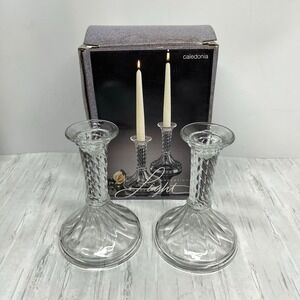 Vintage Indiana Glass Candlestick Set Of 2 Clear Crystal #1340 Caledonia Pattern
